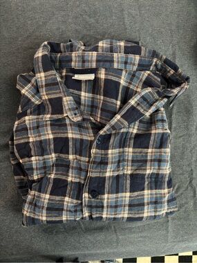 Columbia Navy Blue and Tan Plaid Button-Down Shirt
